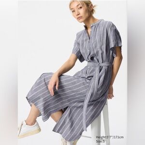 Uniqlo Linen Blend Striped Greyish-Blue Midi Dress with Tie Waist - Medium